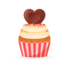 Cute Valentine's day cupcake icon. Cartoon illustration of sweet muffin decorated with a cream and hearts. Vector 10 EPS.