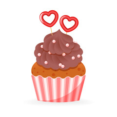 Cute Valentine's day cupcake icon. Cartoon illustration of sweet muffin decorated with a cream and hearts. Vector 10 EPS.