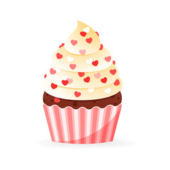 Cute Valentine's day cupcake icon. Cartoon illustration of sweet muffin decorated with a cream and hearts. Vector 10 EPS.