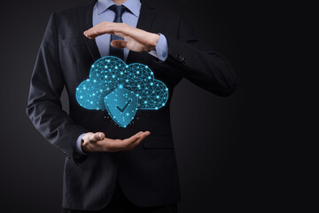 Cloud technology. Polygonal wireframe cloud storage sign with shield with a tick on dark blue....