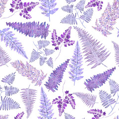 Watercolor seamless pattern with fern leaves. Foliage decoration. Vintage botanical exotic illustration wallpaper.	