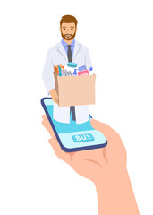 Young man pharmacist in white coat holding paper bag with drugs bought in a drugstore online. Customer makes an order using mobile phone app and gets it fast. Online shopping concept