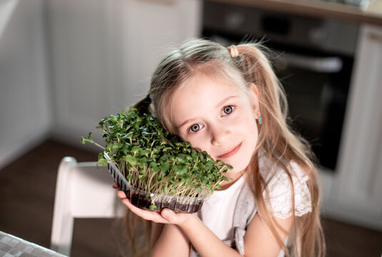 Cheerful girl is eating green salad at home in the kitchen. The concept of healthy food for children. The child -vegetarian. Vegan raw food diet. Delicious microgreens rich vitamins. selective focus