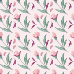 Fototapeta premium Watercolor seamless pattern with tulips, leaves and petals. Design for wrapping paper, wallpaper, textile, backdrop and other. Watercolor spring floral design.