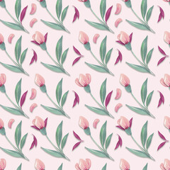 Watercolor seamless pattern with tulips, leaves and petals. Design for wrapping paper, wallpaper, textile, backdrop and other. Watercolor spring floral design.