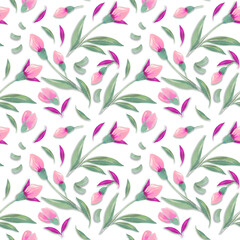 Watercolor seamless floral pattern with flowers, leaves and petals. Watercolor spring floral background. Design for wrapping paper, wallpaper, textile, backdrop and other.