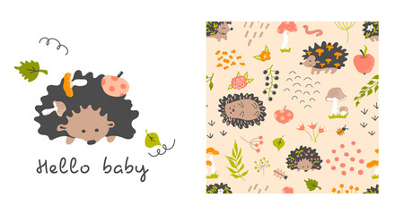 Hedgehogs pattern. Card Hello baby. Vector background. Seamless pattern with forest plants, dots, arcs, apples,  mushrooms, leaves, flowers, branches. Baby print