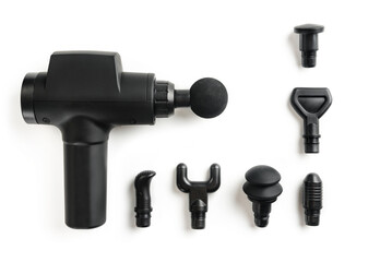 massage gun with various attachments on a white background.