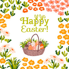 Happy Easter! Basket full of Easter eggs and green grass. Vector illustration. Greeting card. Abstract flowers, chamomiles, herbs.