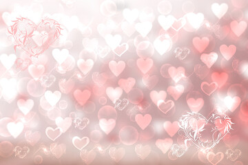 Valentines or wedding day card template. Abstract delicate love romantic holiday gradient pink orange background texture with hearts. Beautiful backdrop with space.