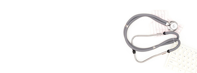 Flatlay arrangement. Stethoscope isolated on white background. Place to copy paste.