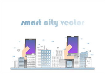 smart city building with smartphone in hand in flat illustration vector, mordern commuication technology cityscape design for background