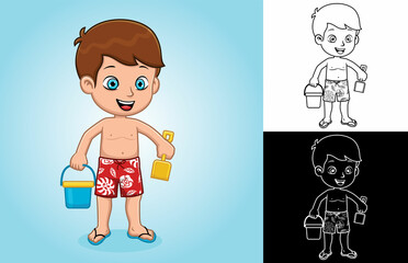 Cartoon little boy holding bucket and shovel