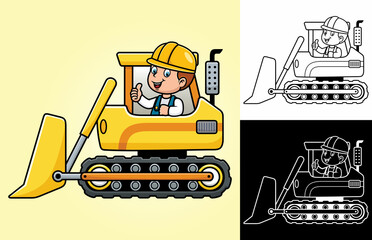 Cartoon little boy on construction vehicle