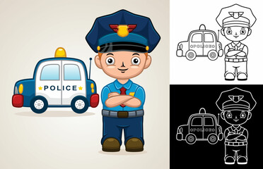 Cartoon little policeman with patrol car