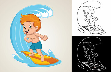Cartoon boy surfing in big wave