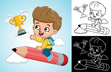 Cartoon little boy on flying big pencil chasing golden trophy
