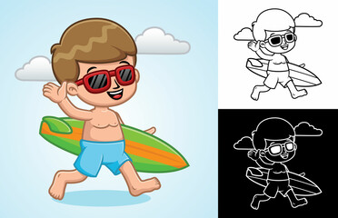 Cartoon little boy with glasses carrying surfboard