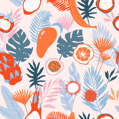 Seamless pattern with tropical spirit. Jungle leaves and palms. Ideal for wallpaper or wrapping paper.