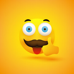 Smiling Emoji - Simple Happy Funny Male Emoticon with Stuck Out Tongue and Mustache - Looking with Pop Out Wide Open Eyes and Showing Thumbs Up - Vector Design on Yellow Background for Web and Apps