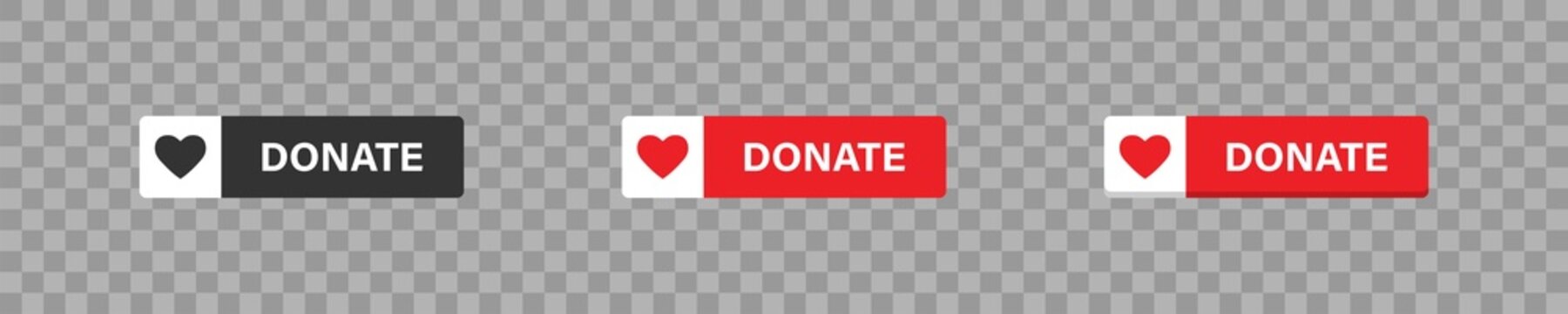 Donate red button with heart icon. Isolated web buttons, flat vector