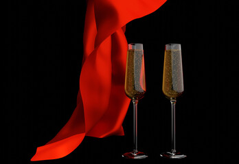 3D rendering couple glasses of champagne and red drape