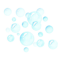 realistic watercolor soap bubbles, air flying bulbs for design isolated on white background.