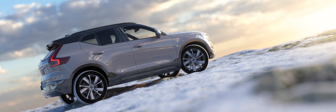 Modern off road car on a snowy track at sunrise exploring 3d render