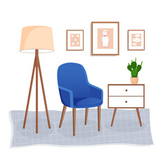 Cute interior with modern furniture and plants. Design of a cozy living room with soft chair, carpet, house plant, pictures and lamp. Vector flat style illustration.
