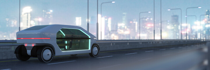 Autonomous futuristic taxi car on the highway with no driver required at night in the city 3d render - obrazy, fototapety, plakaty