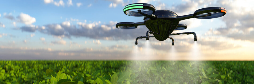 Modern crop farming with drones spraying the plants at sunrise 3d render
