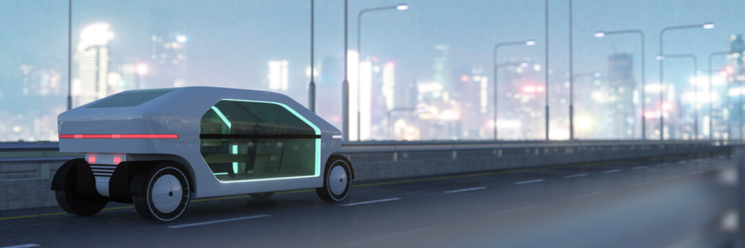 Autonomous futuristic taxi car on the highway with no driver required at night in the city 3d render