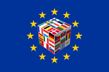 European Union after Brexit. EU flag decorated with a cube that shows the flags of the 27 EU member states.
