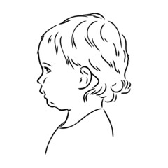 Hand drawn little kid portrait in profile, Vector sketch isolated on white background, Line art illustration