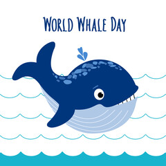 Cute Whale blowing fountain in the blue sea Waves. World Whale Day handwritten Lettering. World whales day abstract sign and baby-whale. Protection of marine mammals. Vector flat illustration.