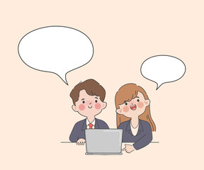 Hand drawn business people discussing work looking at laptop screen clipart gesture character.