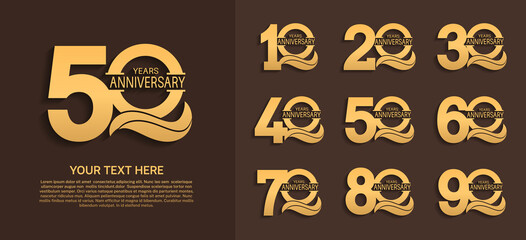 set of anniversary premium logo with gold color isolated on brown background - obrazy, fototapety, plakaty