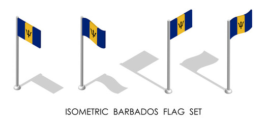 isometric flag of BARBADOS in static position and in motion on flagpole. 3d vector
