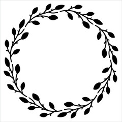 Vector hand drawn spring wreath isolated on white background. Outline circle of leaves. Doodle style. Floral frame.