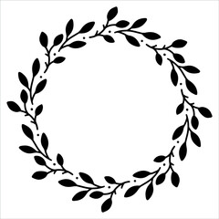 Vector hand drawn spring wreath isolated on white background. Outline circle of leaves. Doodle style. Floral frame.