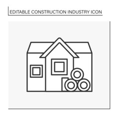  Wooden building line icon. Small cottage built by wooden bricks. Construction industry concept. Isolated vector illustration. Editable stroke