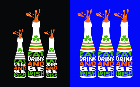 "Happy St. Patrick's Day. Eat, drink and be Irish". - greeting card design. Vector illustration of bearded leprechaun skull with bottles of whiskey in his hands in engraving technique.