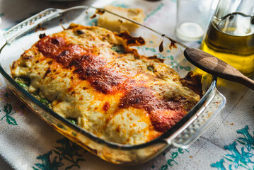 Cannelloni with spinach close up, tomato sauce, bachamel and cheese on table cloth. Traditional homemade classic italian cuisine concept.
