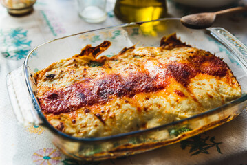 Cannelloni with spinach close up, tomato sauce, bachamel and cheese on table cloth. Traditional homemade classic italian cuisine concept.