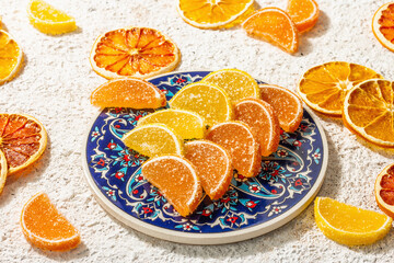 Lemon and orange marmalade. Jelly candies in the form of slices.