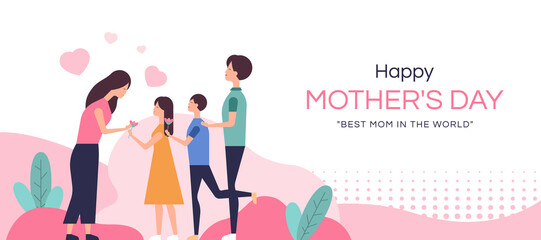 happy mother's day - father took the children to give flowers to the mother vector design