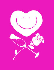 Valentine's day sign with smiling heart face and crissed wineglass and rose flower