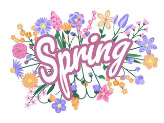 Flyer with spring flowers. Cartoon style. Greeting card. Vector illustration. Isolated on white