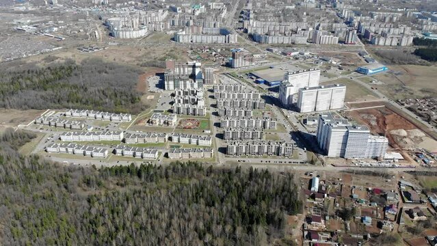 Aerial view of Metrograd microdistrict in spring (Kirov, Russia)