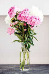 Flower bouquet of pink and white fresh peony flowers in a glass vase
